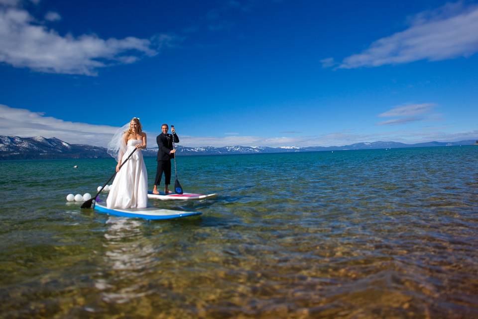 Couple out paddling in their finery
