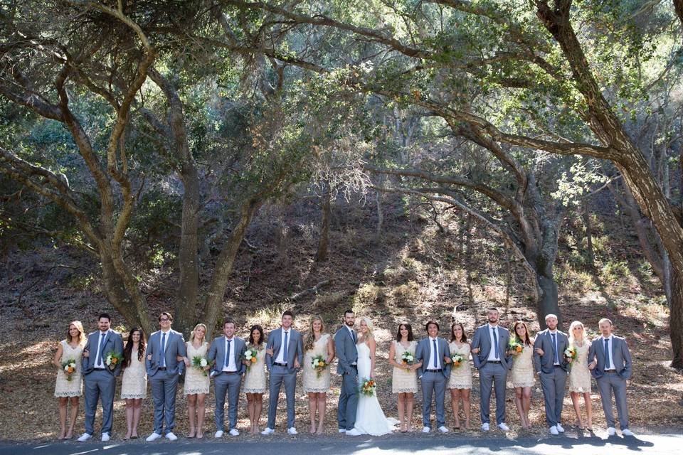 The couple with the bridesmaids and groomsmen