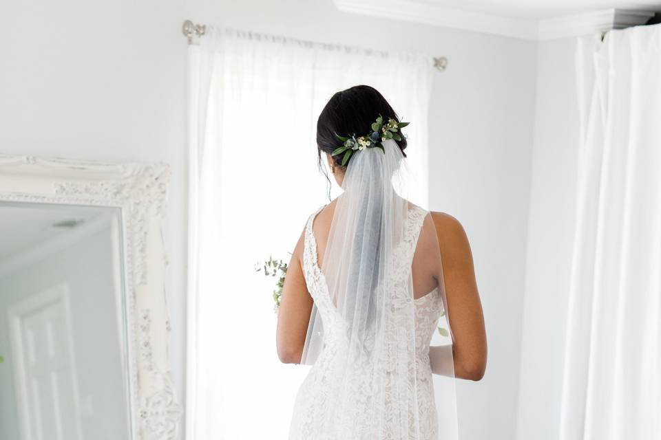 Sophia | Delicate chapel length veil with gathered rhodium plated, tarnish resistant comb