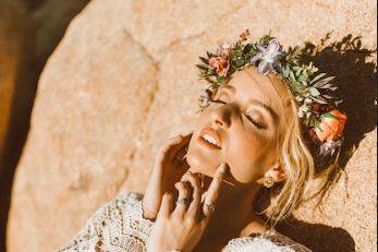 Sleeved lace wedding gown and flower crown