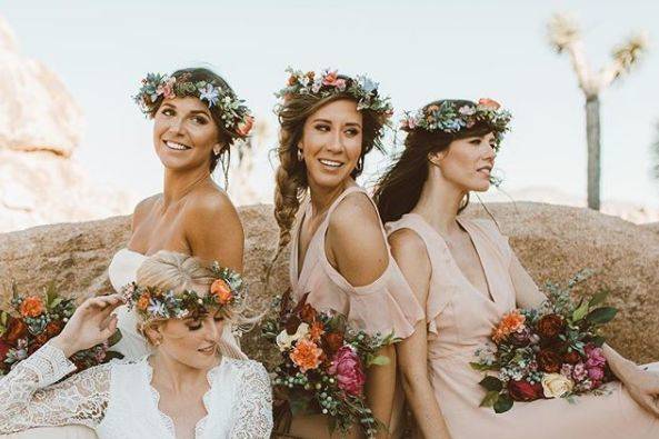 Flower crowns on the bride and bridesmaids