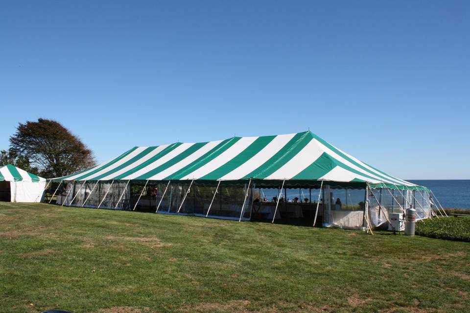 Our green & white striped tent