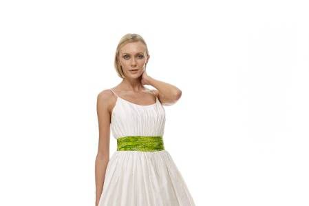 Style B1047 - Front ViewBirch Leaf Cotton Lace Empire Waist Gown w/ Pleated Bodice & Matching Hand-Rolled Daisy - Off-White As Shown. Also Available in White