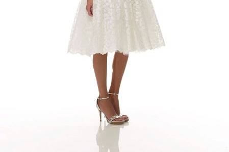 B1060 - Front ViewBirch Leaf Cotton Lace Strapless Short Dress w/ Hand-Draped English Cotton Tulle Cummerbund & Full Gathered Skirt - Ivory as Shown. Also available in White