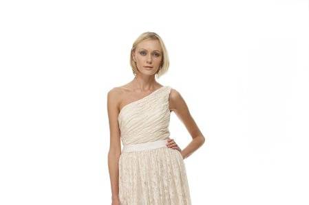 B1060 - Front ViewBirch Leaf Cotton Lace Strapless Short Dress w/ Hand-Draped English Cotton Tulle Cummerbund & Full Gathered Skirt - Ivory as Shown. Also available in White