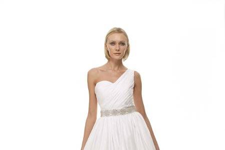 B1061 - Front ViewEnglish Double-Ply Stripe Long Fiber Cotton One-Shoulder Deco-Beaded Waistband Gown w/ Asymmetrical Hand-Pleated Bodice & Full Gathered Skirt w/ Pockets - White as Shown.  Also available in Ivory