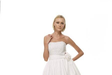 B1068 - Front ViewSea Island Cotton Strapless Short Dress w/ White Cloverleaf Beaded Bodice & Full Gathered Skirt w/ Pockets - White as Shown