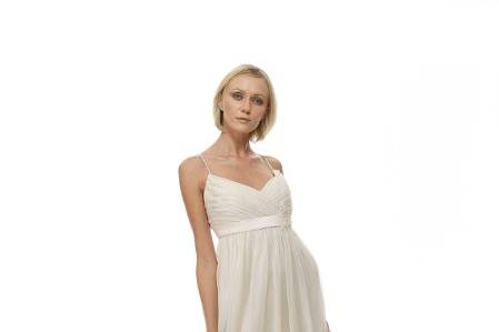 B1068 - Front ViewSea Island Cotton Strapless Short Dress w/ White Cloverleaf Beaded Bodice & Full Gathered Skirt w/ Pockets - White as Shown