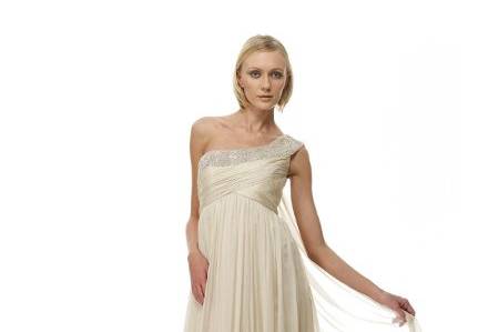 B1066 - Front viewSilk Satin Chiffon Over Swiss Satin-Face Cotton Batiste Deco-Beaded One-Shoulder Empire Gown w/ Cathedral Train - Champagne as Shown.  Also available in White