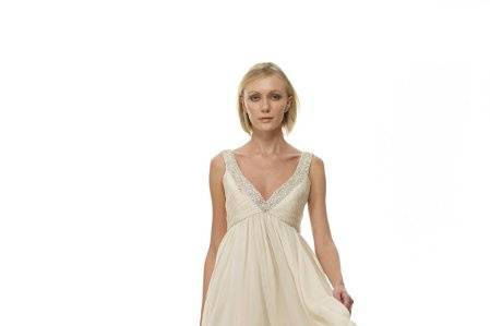 B1064 - Front ViewSilk Chiffon Deco-Beaded V-Neck Strapless Short Dress w/ Hand-Draped Bodice & Layered Skirt w/ Points - Champagne as Shown.  Also available in White