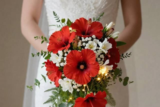 Red-white cascading bridal bouquet w fairy lights.png