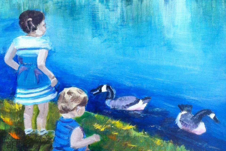 A painting of the children of the bride and groom on one of their nature walks- what a wonderful gift that will become an heirloom!