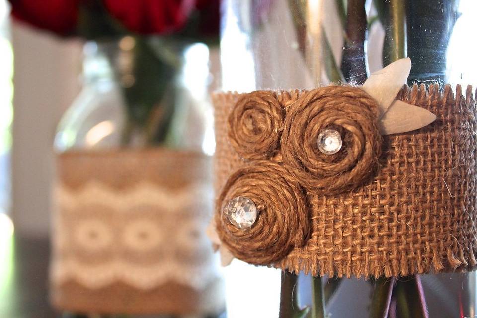 Hand-crafted burlap themed centerpieces