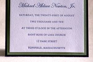 Letterpressed invitation with scallop detail printed on Crane's Lettra (110#) and  mounted on teal linen cardstock.