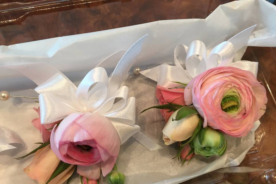 White mini roses and hot pink ribbon corsage and b in Myrtle Beach SC - La  Zelle's Flower Shop