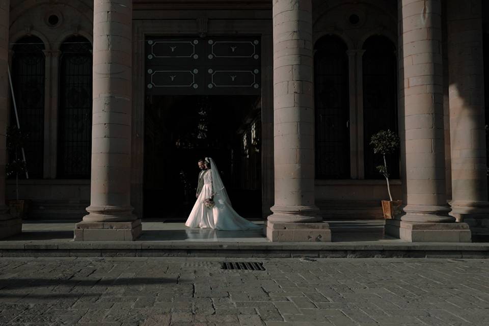 Bride and groom walking