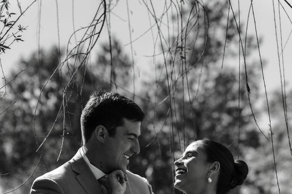 Bride and groom laughing