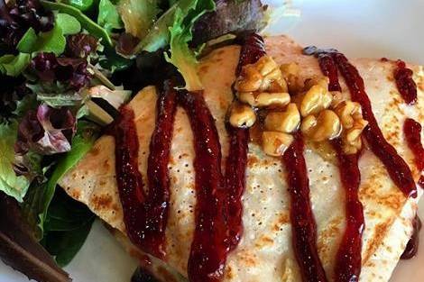 Raspberry Chicken entree crepe with side salad. Our best seller. Great for brunch or dinner. Sweet and Savory!
