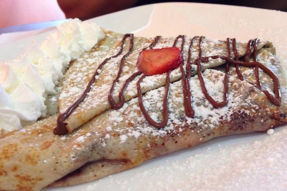 Stuffed French Toast Crepe with cream cheese and fresh fruit. Locally roasted Larry's Coffee is hot and fresh. All the fussy condiments are brought in and taken out by the chef.