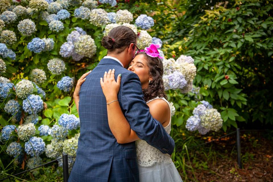 Hug in the hydrangeas