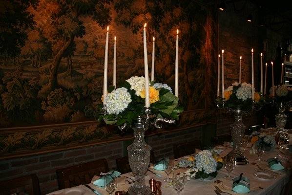 Gorgeous Centerpieces all down the center of the rectangular tables