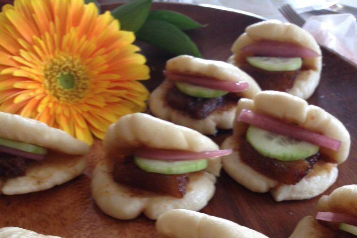 Pork Belly Buns with Pickled Red Onion and Cucumber. Dough made from scratch.