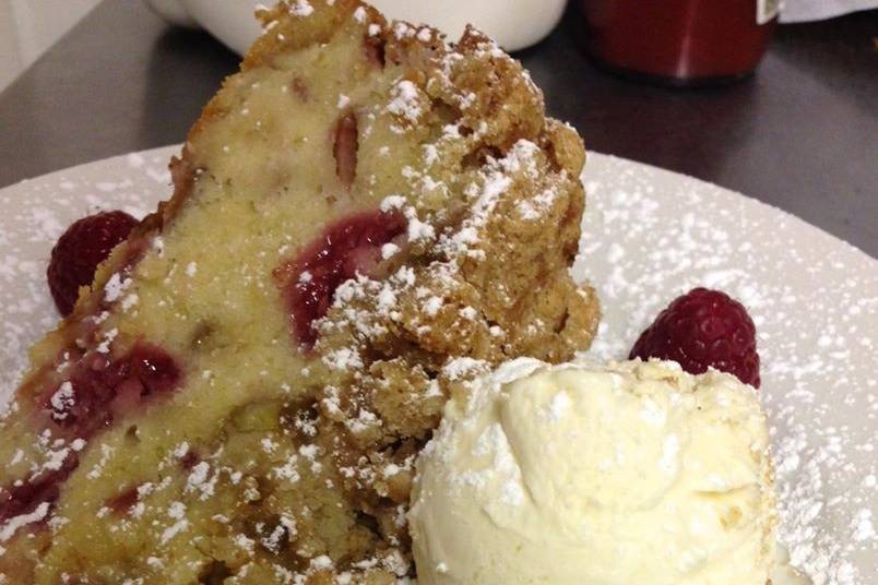 Raspberry Rhubarb Buckle with Vanilla Ice Cream