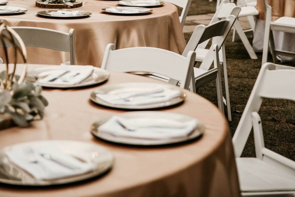 Neutral Boho Banquet Tables with Gold Details and Eucalyptus, Four Oaks  Manor, North Georgi…