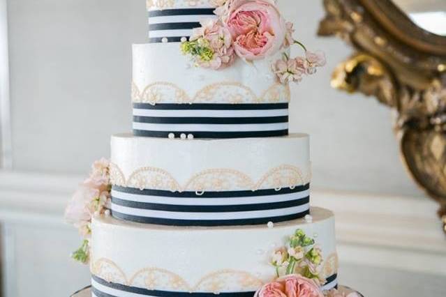 Navy ribbon with lace edging