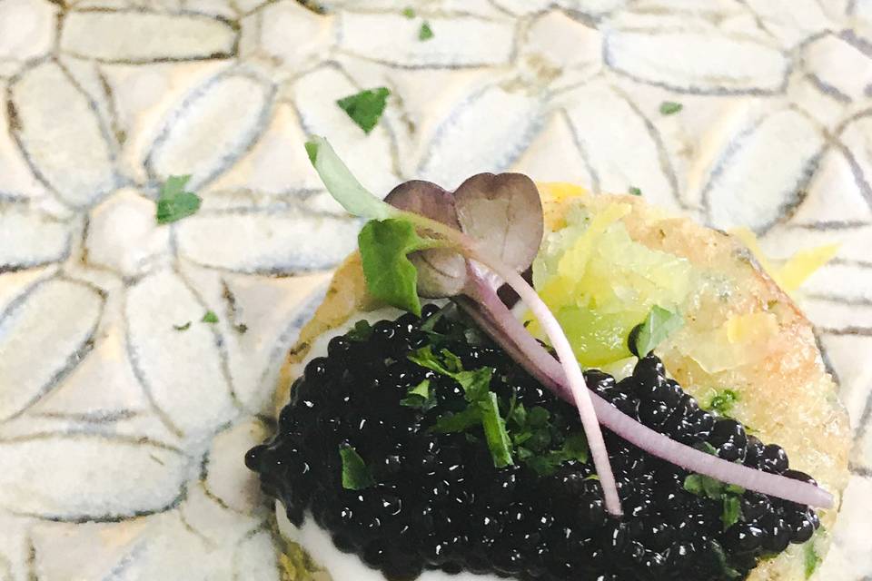 Choupique Caviar atop Corn Blinis