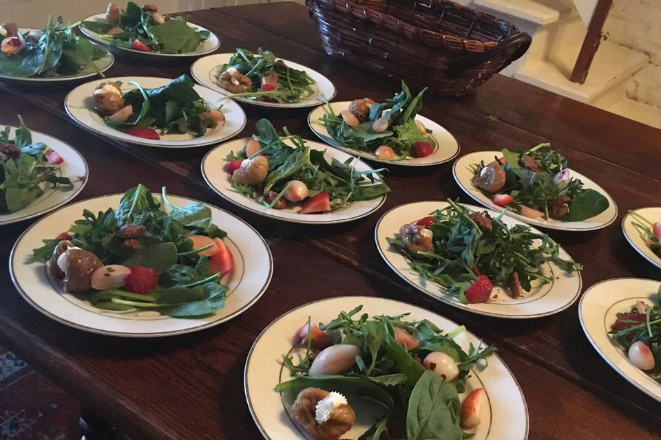 Spinach Salads with berries, dates and Goat Cheese stuffed Figs