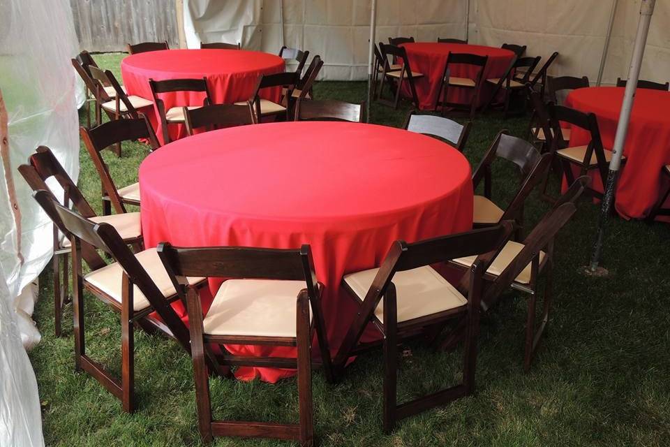Garden chairs and round tables, perfect for barn theme or outdoor weddings