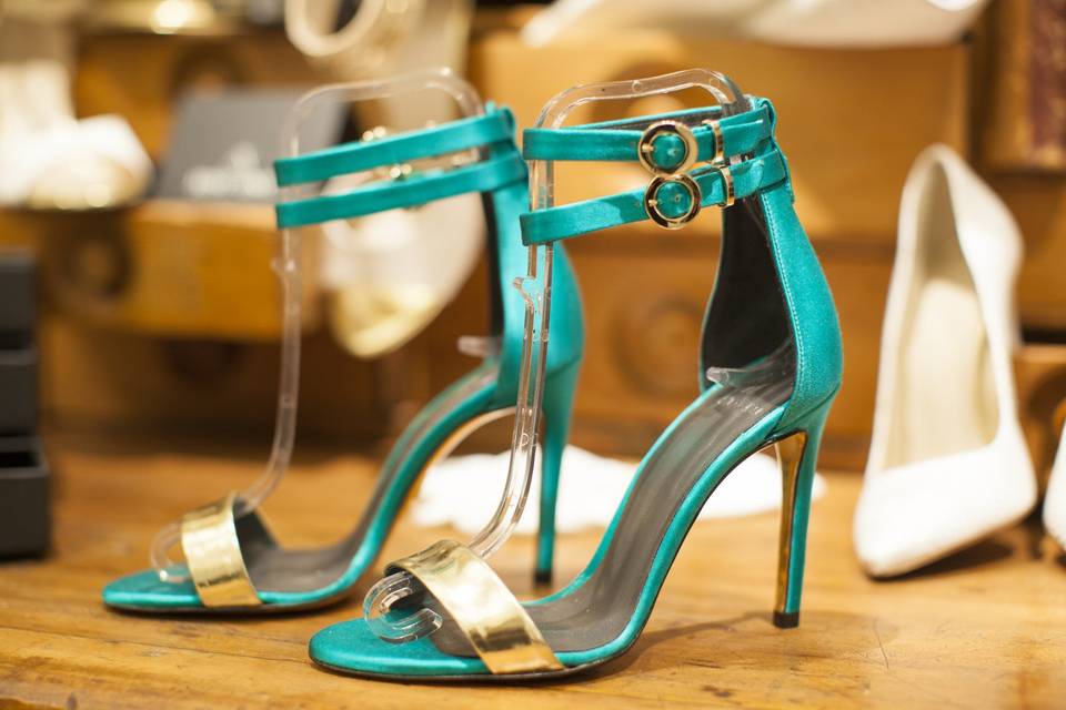 Gold leather and turquoise silk double ankle strap sandal, JustENE Monet