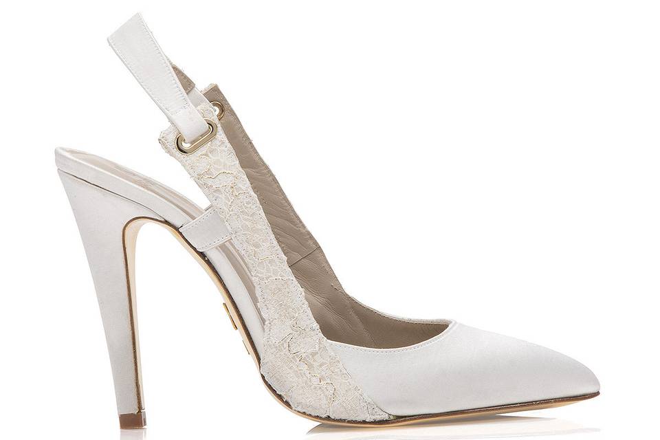 White silk sling back pointy toe pump