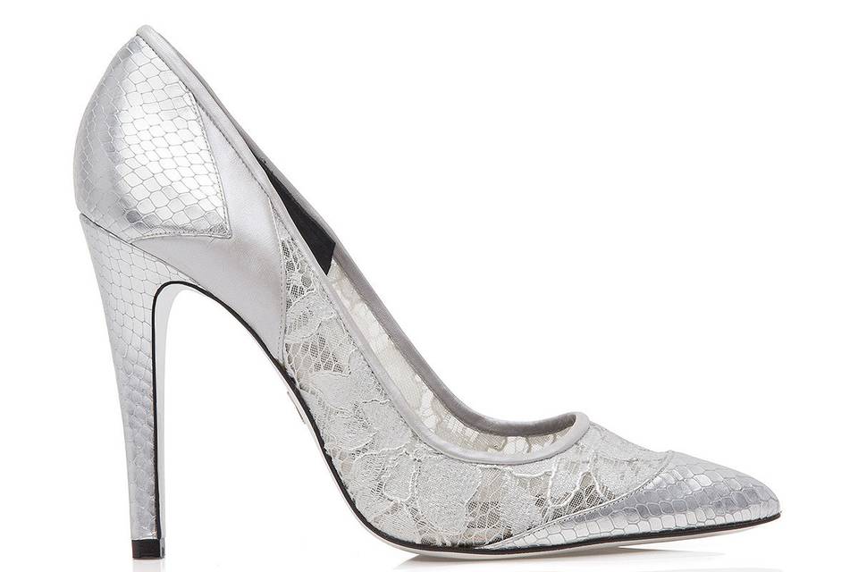 Silver snake print leather and fabric pointy toe pump, JustENE Dolce Vita