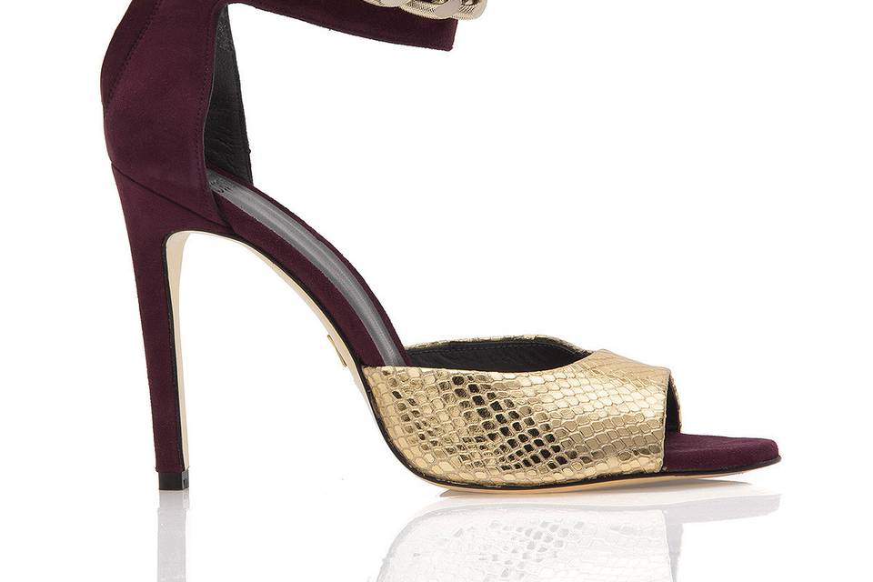 Burgundy suede and gold snake print leather ankle strap sanda, JustENE Olympia