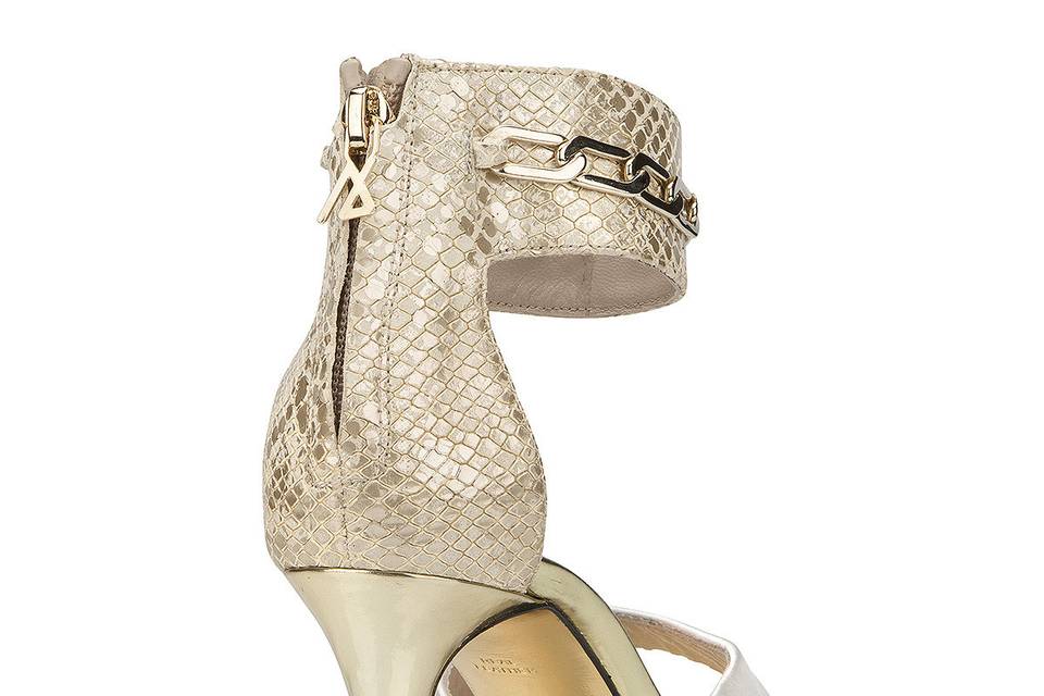 Silver silk and gold snake print leather mid heel sandal, JustENE Bride, gold sole