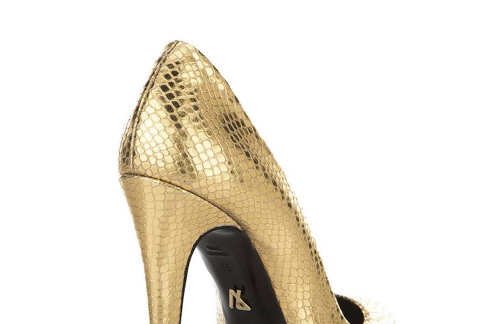 Gold snake print leather pointy toe pump, JustENE Egypt, black sole