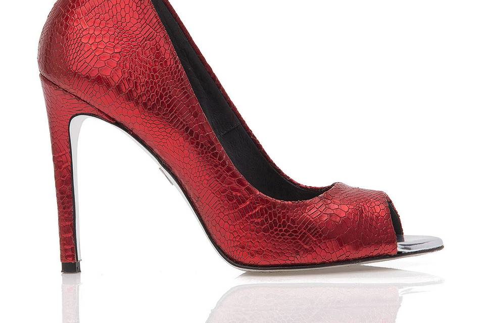 Metallic red snake print leather peep toe, JustENE Psique