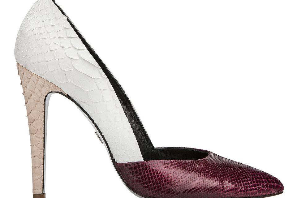 Pale pink, burgundy and white python snake skin leather pointy toe pump, JustENE Rania