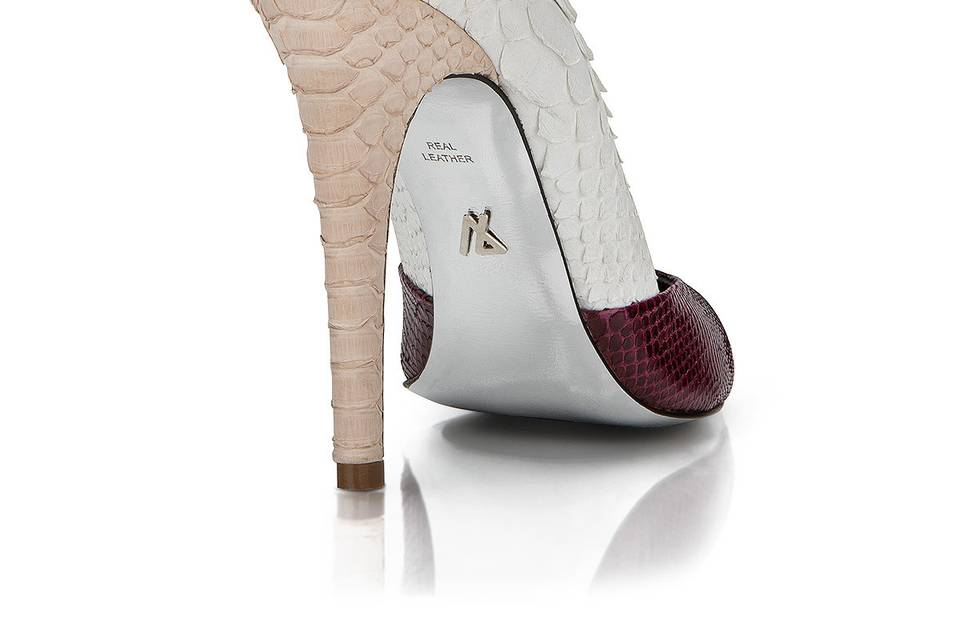 Pale pink, burgundy and white python snake skin leather pointy toe pump, JustENE Rania, silver sole