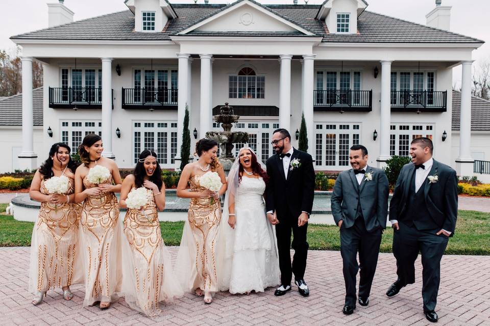 An excited wedding party