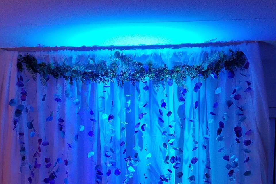 Garden theme floral backdrop with uplighting.