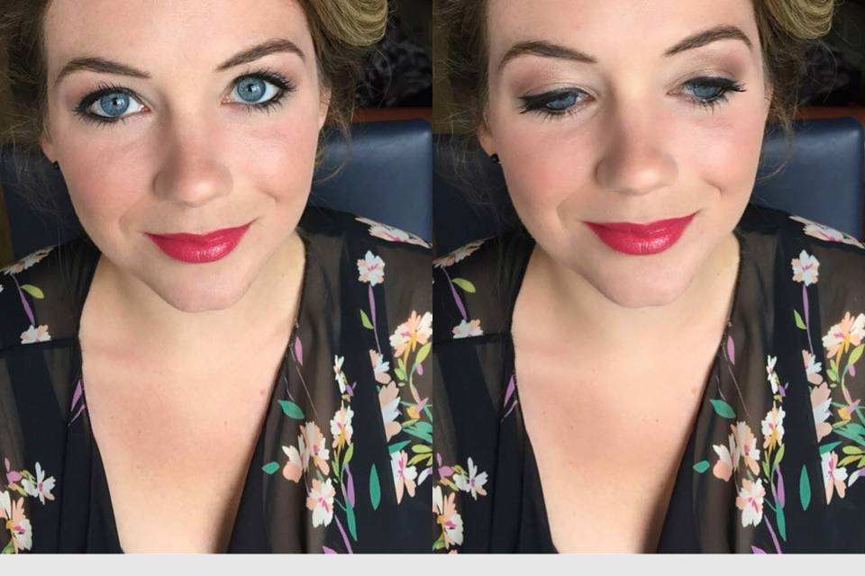 Soft eye makeup and red lip