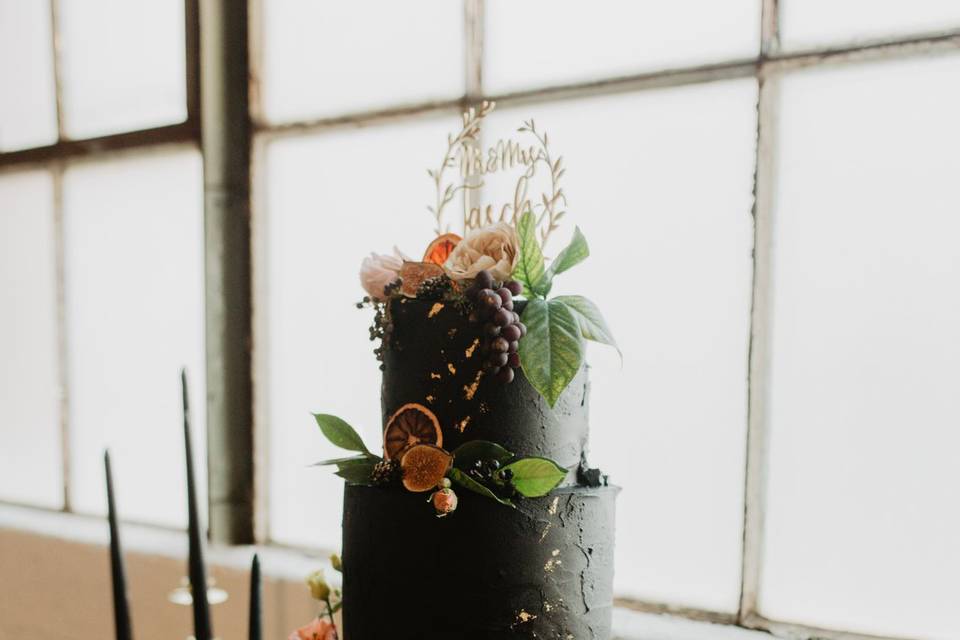 Black cake with fruit