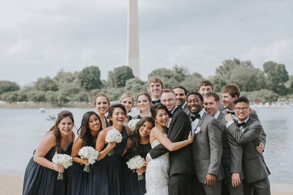 The couple with the bridesmaids and groomsmen