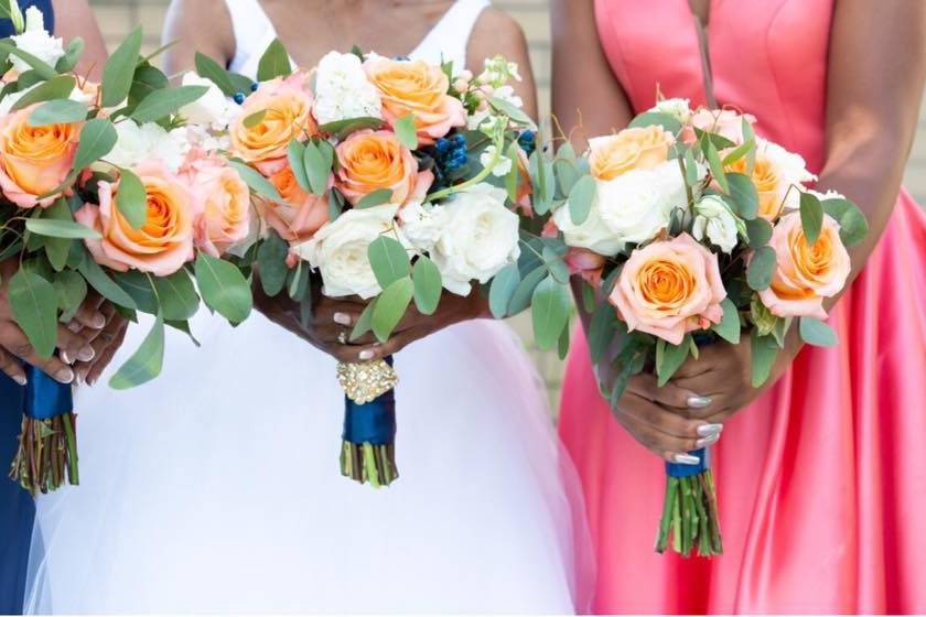 Coral and blue bouquets