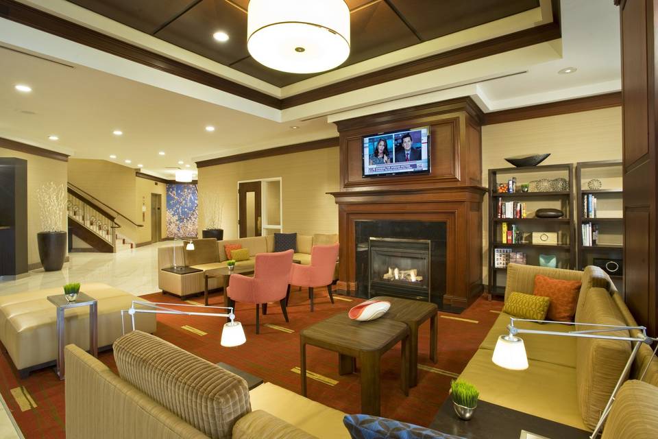 Warm up by the fireplace in our Lobby.