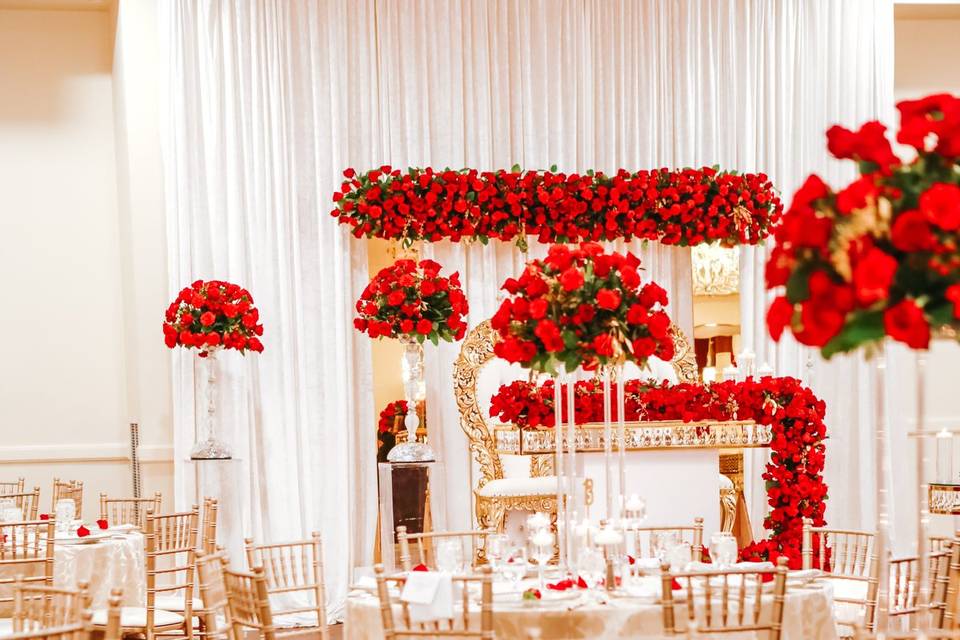 Red and gold reception decor