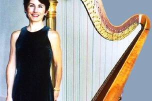 Stephanie Bennett, harpist, in green velour column dress, with her antique golden pedal harp, at Montecito Country Club